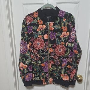 Susan Graver Multicolor Floral Embroidered Bomber Jacket NWT